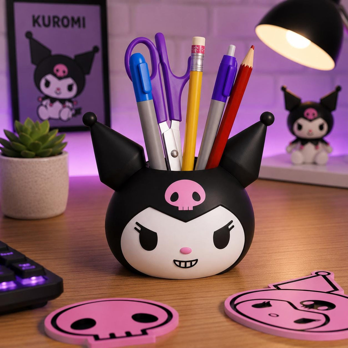 Kuromi Inspired Pen Holder Planter - Kawaii Desk Organizer Pot, Cute Succulent Plant Pot, Optional Coasters