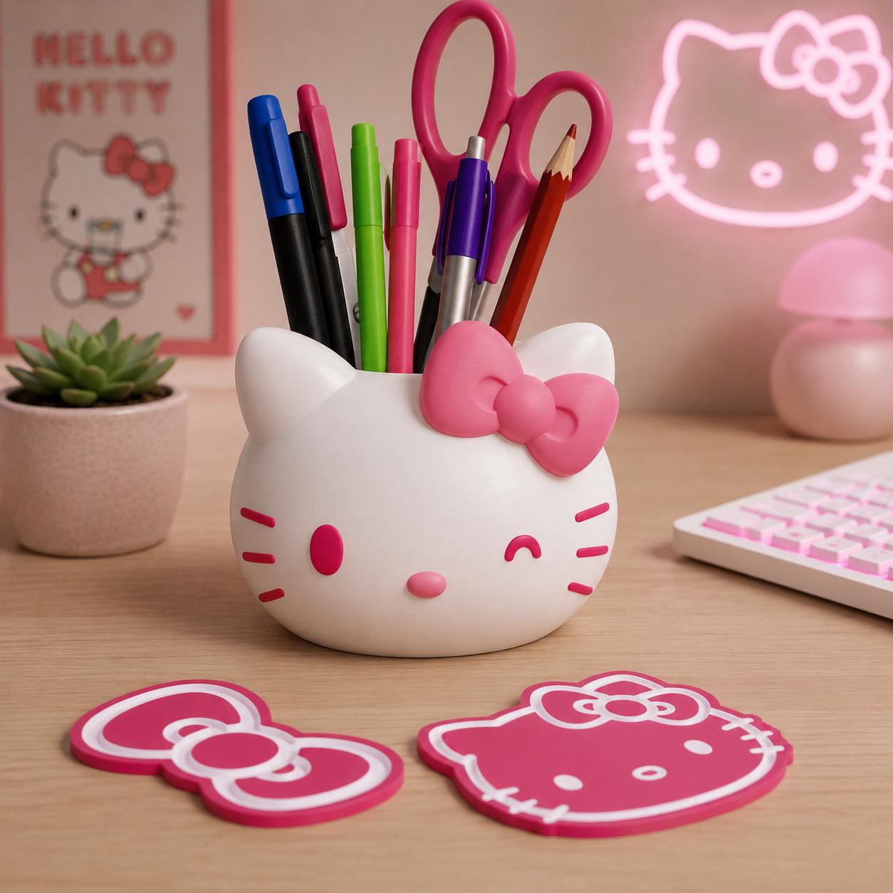 Hello Kitty Inspired Pen Holder Planter β Cute Kawaii Desk Organizer, Mini Succulent Pot with Optional Coasters
