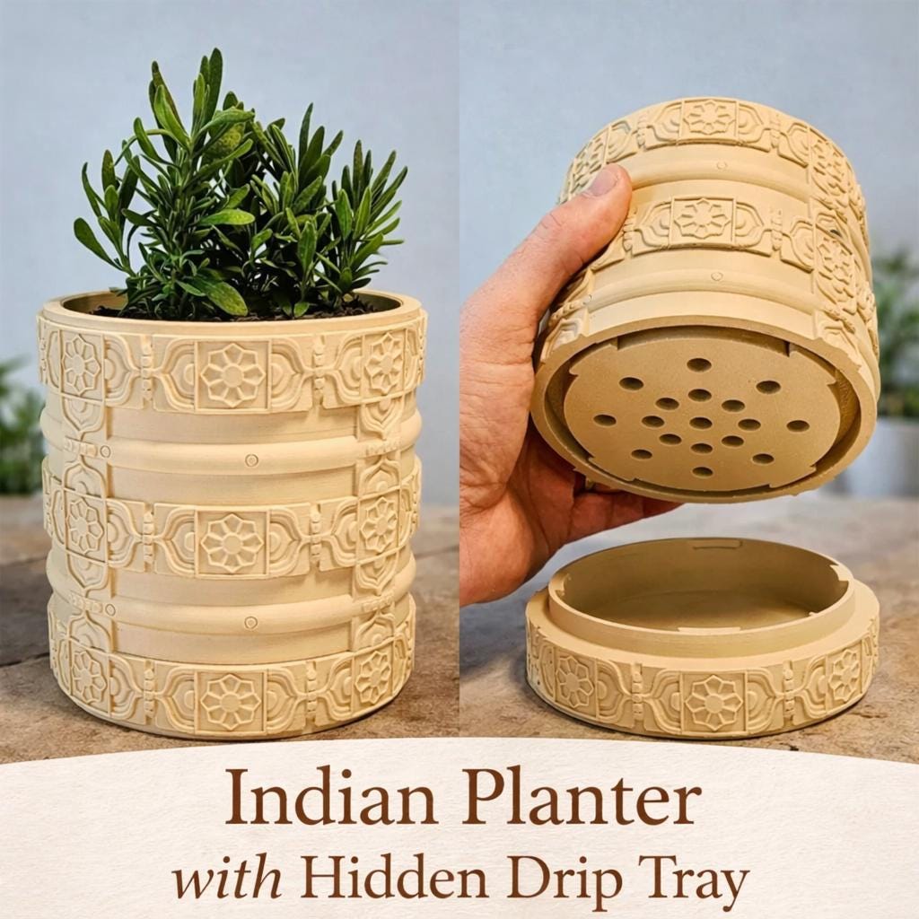 Indian Style Planter with Hidden Drip Tray, Decorative Textured Plant Pot, Indoor Plant Pot for Houseplants