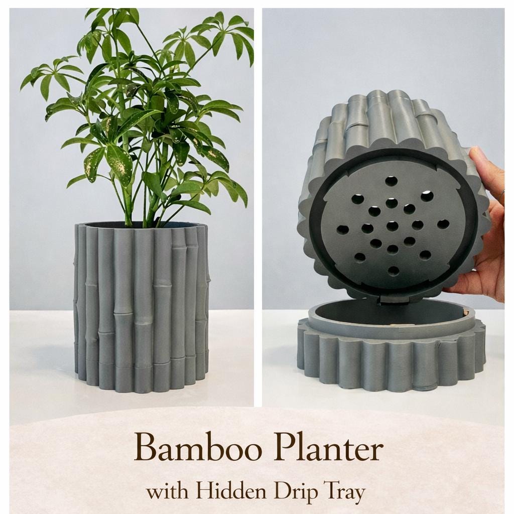 Bamboo Planter with Hidden Drip Tray | Modern 3D Printed Plant Pot | Indoor Planter