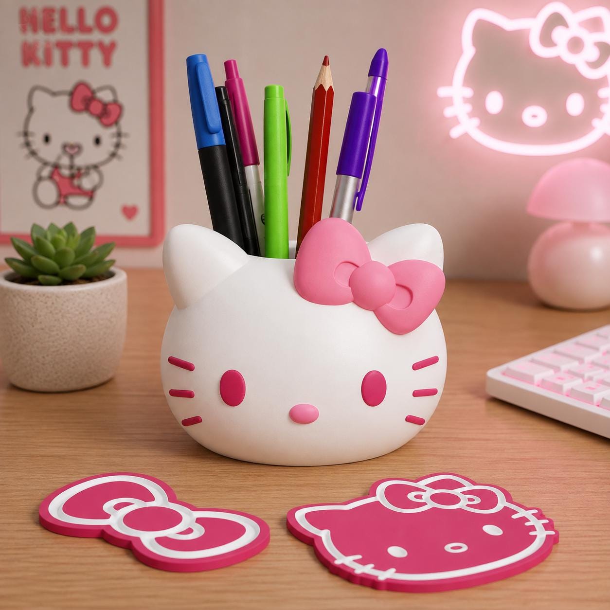 Hello Kitty Inspired Pen Holder Planter – Cute Kawaii Desk Organizer, Mini Succulent Pot with Optional Coasters