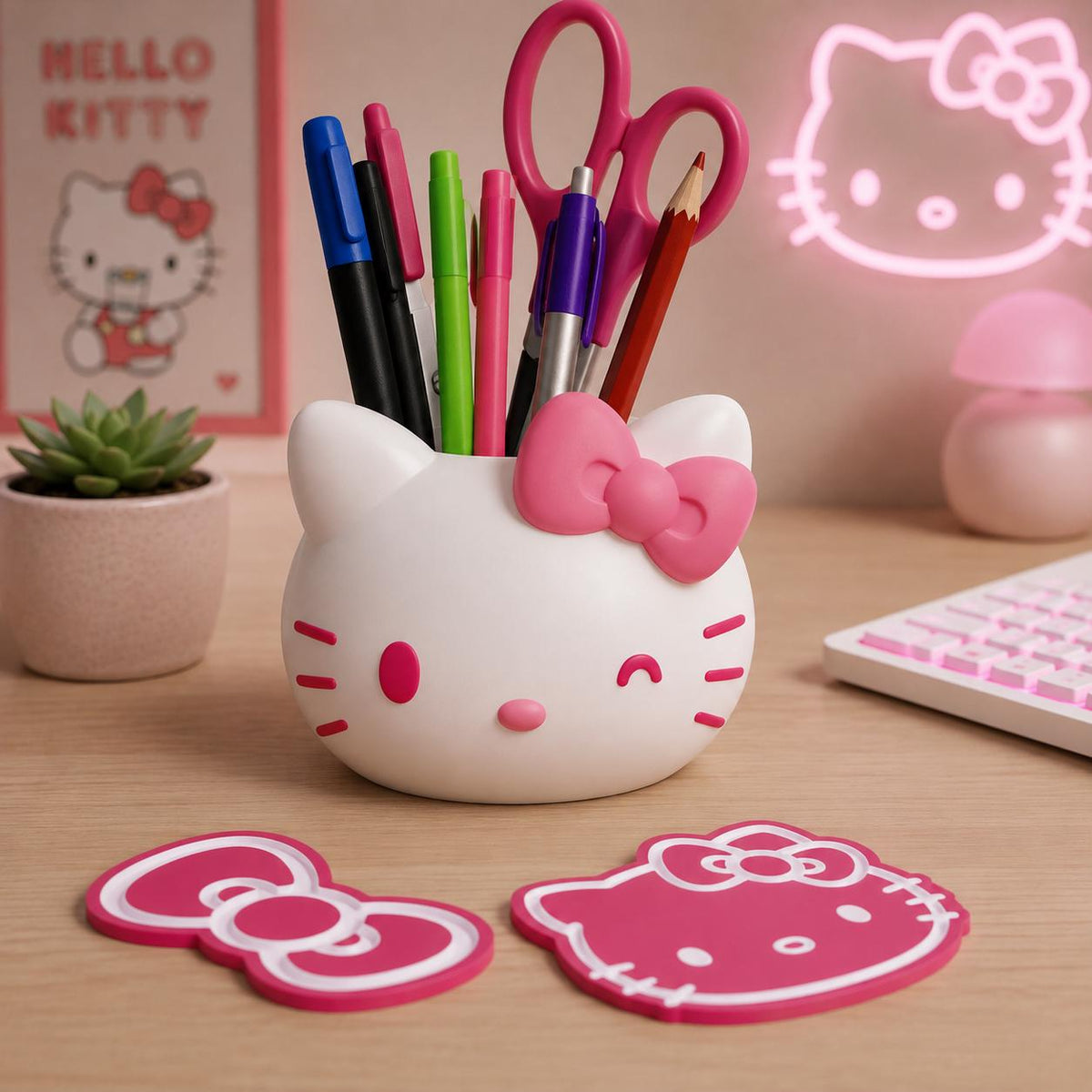 Hello Kitty Inspired Pen Holder Planter – Cute Kawaii Desk Organizer, Mini Succulent Pot with Optional Coasters