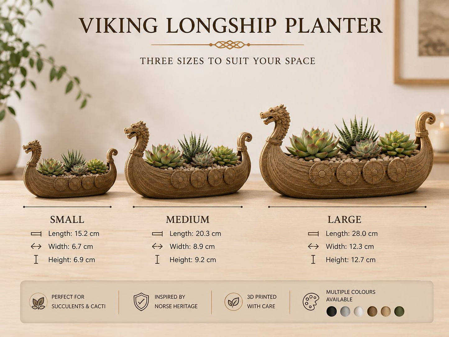 Viking Longship Planter | Norse Dragon Boat Succulent Pot | Nordic Plant Holder | Viking Decor | 3D Printed Planter | Small, Medium & Large