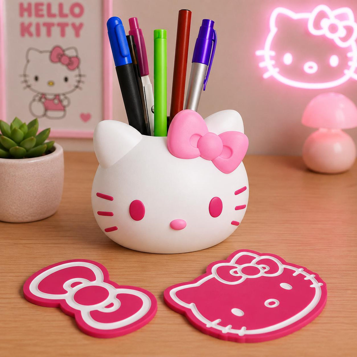 Hello Kitty Inspired Pen Holder Planter – Cute Kawaii Desk Organizer, Mini Succulent Pot with Optional Coasters