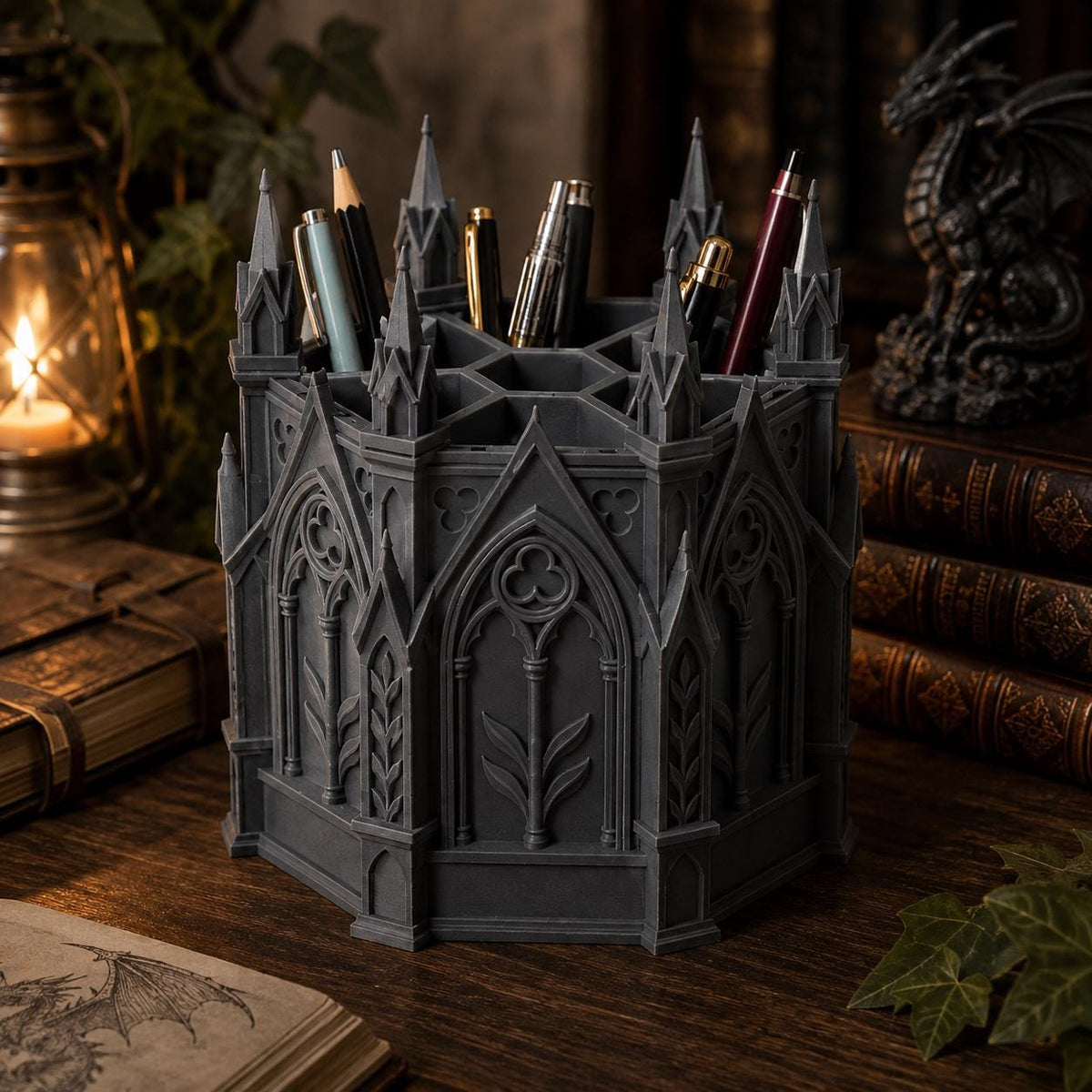 Gothic Desk Organizer – 7 Compartment Pen Holder – Cathedral Stationery Storage – Gothic Office Decor – 3D Printed Organizer