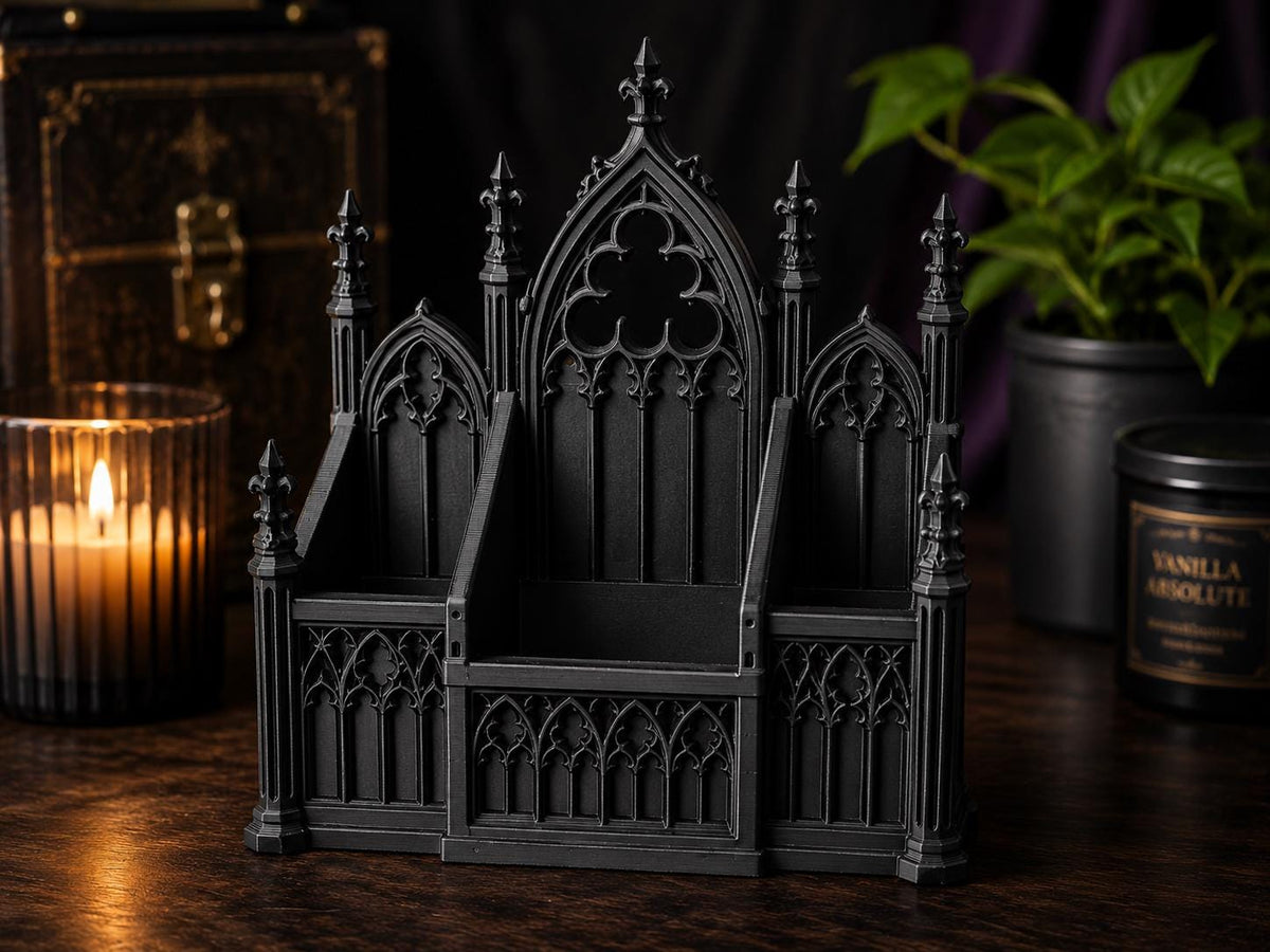 Gothic Makeup Organizer – Cathedral Vanity Storage | 3 Compartment Makeup & Brush Holder | Gothic Bathroom Decor