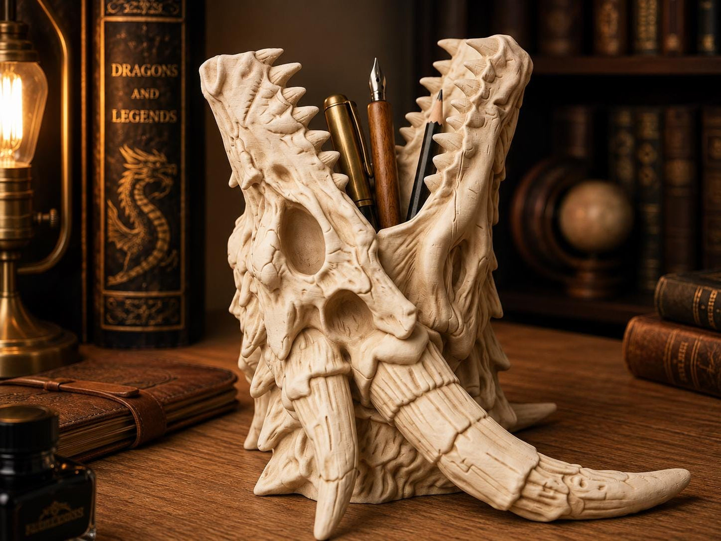 Dragon Skull Pen Holder – Ancient Relic Gothic Desk Organizer – Fantasy Dragon Decor – 3D Printed Pencil Pot – Choose Your Colour