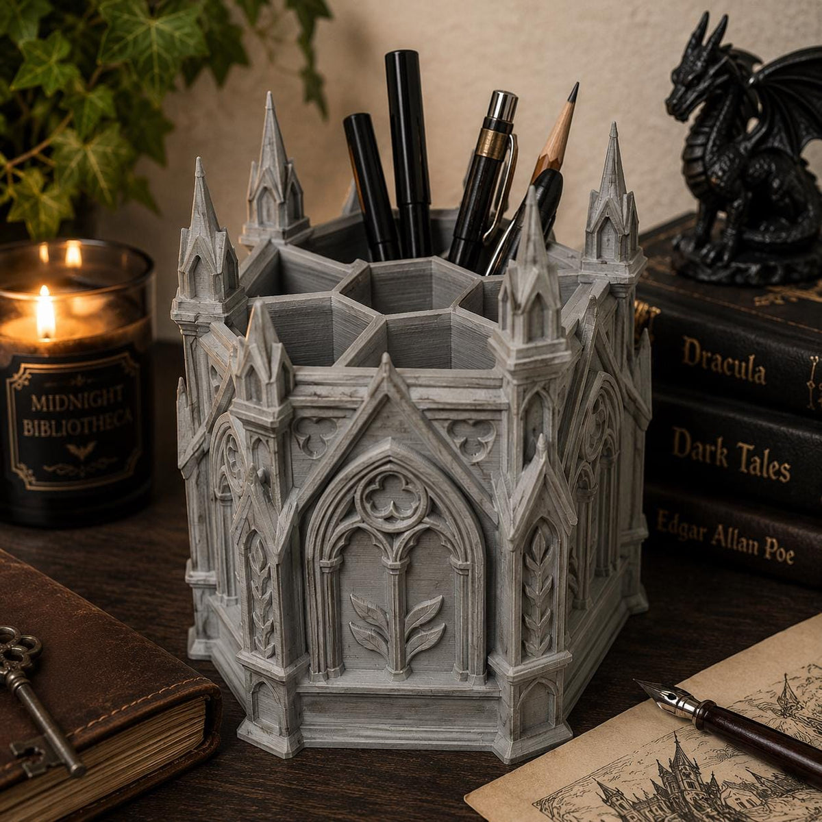 Gothic Desk Organizer – 7 Compartment Pen Holder – Cathedral Stationery Storage – Gothic Office Decor – 3D Printed Organizer