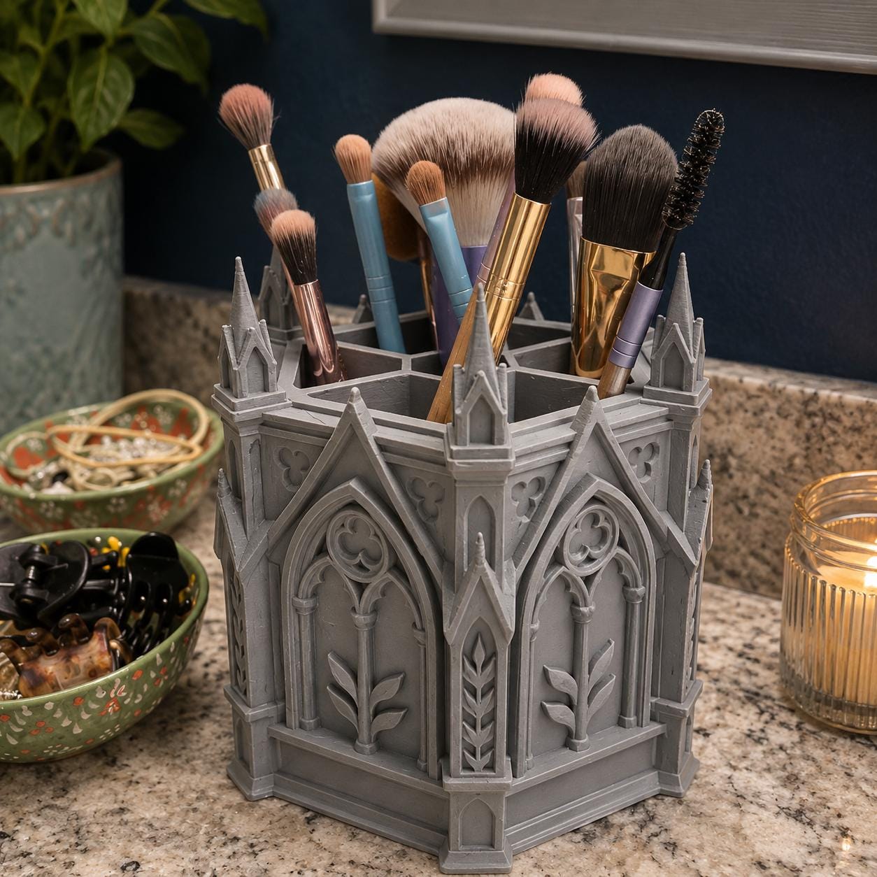 Gothic Desk Organizer – 7 Compartment Pen Holder – Cathedral Stationery Storage – Gothic Office Decor – 3D Printed Organizer