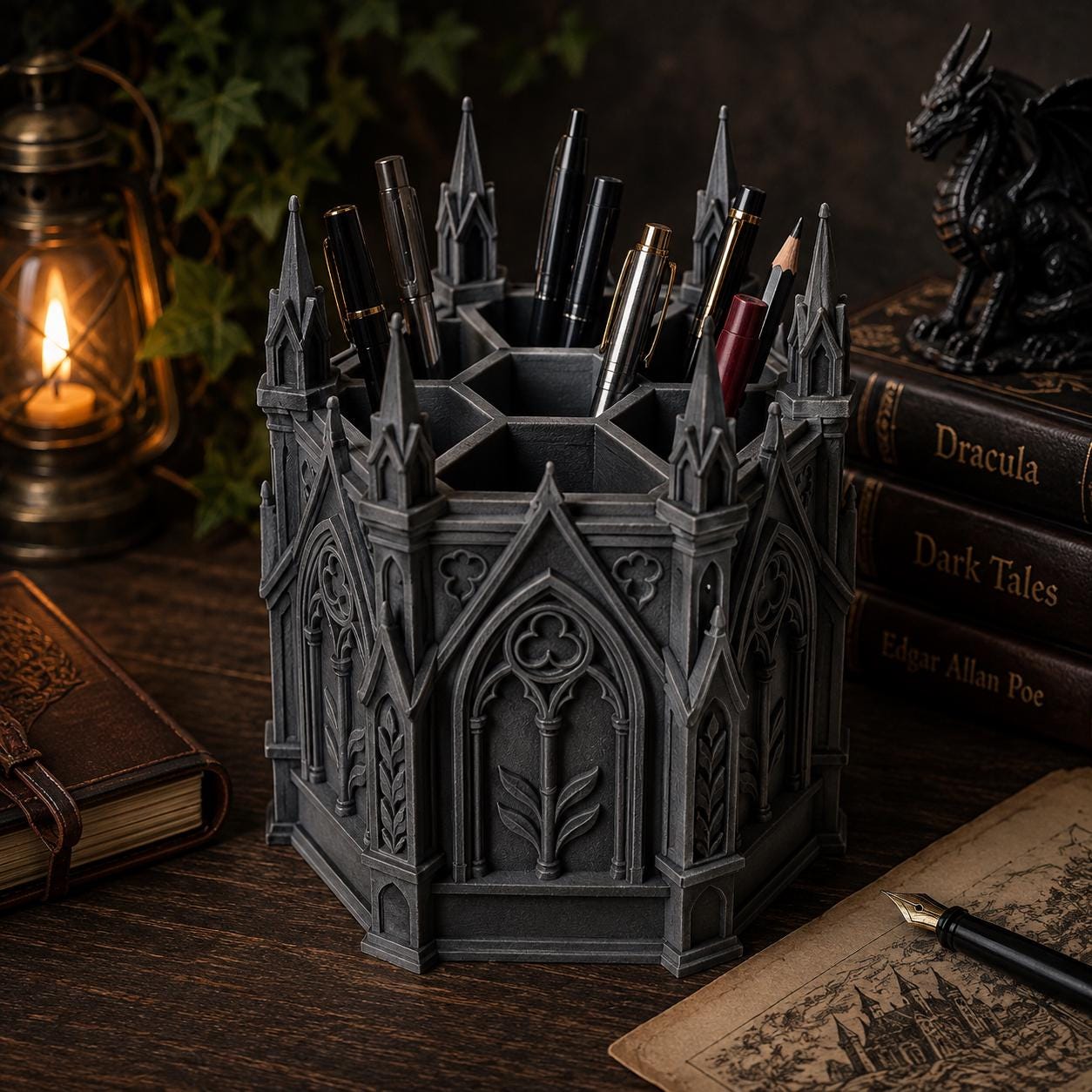 Gothic Desk Organizer – 7 Compartment Pen Holder – Cathedral Stationery Storage – Gothic Office Decor – 3D Printed Organizer