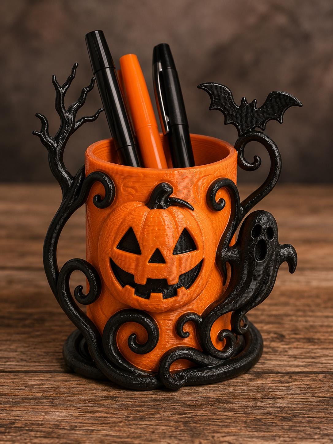 Halloween Pen Holder Set – Ghost & Pumpkin Desk Organiser – Spooky Pencil Pot – Cute Halloween Office Decor – 3D Printed
